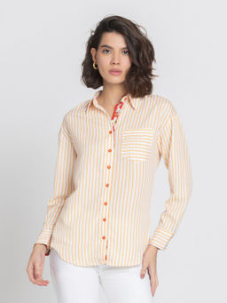 SHAYE - Yellow Shirt Collar Stripe Print Full Sleeves Casual Shirts for Women