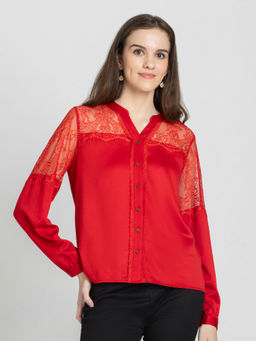 SHAYE - Red Mandarin Neck Solid Full Sleeves Party Shirts for Women