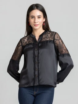 SHAYE - Black Mandarin Neck Solid Full Sleeves Party Shirts for Women