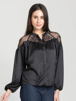 SHAYE - Black Mandarin Neck Embroidered Full Sleeves Party Shirts for Women