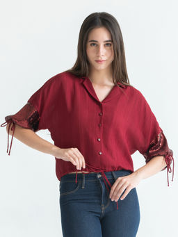SHAYE - Maroon Notch Collar Sequin Three-Quarter Sleeves Party Shirts for Women