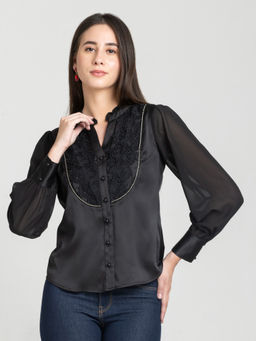 SHAYE - Black Mandarin Neck Solid Full Sleeves Party Shirts for Women