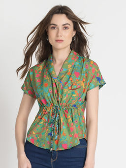 SHAYE - V-Neck Green Printed Short Sleeves Casual Shirts for Women