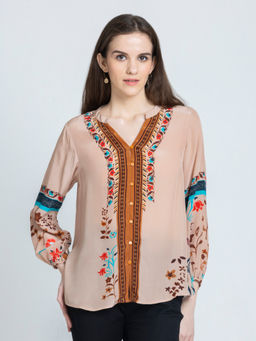 SHAYE - Beige Mandarin Neck Floral Print Full Sleeves Casual Shirts for Women