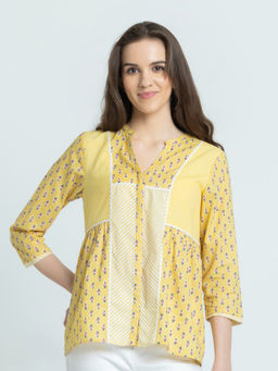 SHAYE - Yellow Mandarin Neck Printed Three-Quarter Sleeves Casual Shirts for Women
