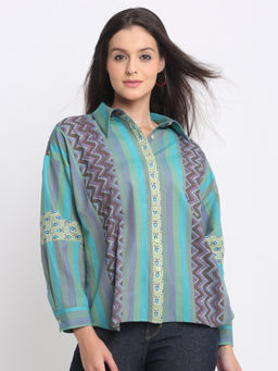 SHAYE - Green Shirt Collar Printed Full Sleeves Casual Shirts for Women