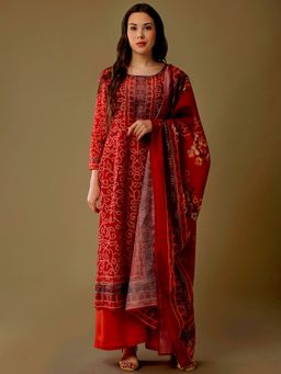 Stylee LIFESTYLE - Red Maheshwari Silk Digital Printed Dress Material (Set of 3)