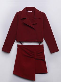 Taffy - Waist Tie-Up Crop Blazer and Bow Detail Skirt (Set of 2)