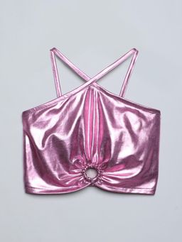 Taffy - Pink Metallic Cut Out Party Crop Top