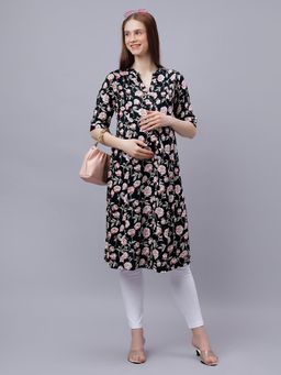 Mamma's Maternity - Black Rayon A-Line Floral Maternity Kurti