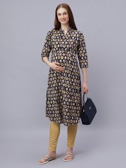 Mamma's Maternity - Black Cotton A-Line Geometric Maternity Kurti