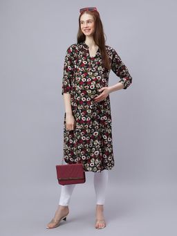 Mamma's Maternity - Black Rayon A-Line Floral Maternity Kurti