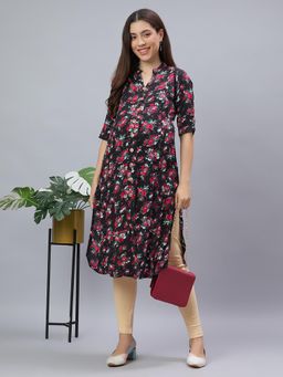 Mamma's Maternity - Black Rayon A-Line Floral Maternity Kurti