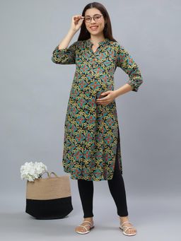 Mamma's Maternity - Black Rayon A-Line Printed Maternity Kurti