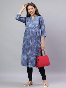 Mamma's Maternity - Blue Cotton A-Line Printed Maternity Kurti