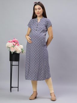 Mamma's Maternity - Blue Rayon A-Line Geometric Maternity Kurti
