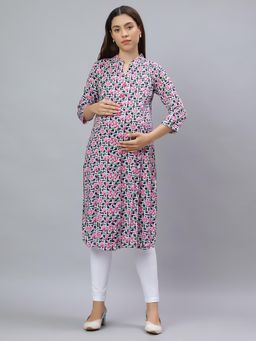 Mamma's Maternity - Blue Rayon A-Line Floral Maternity Kurti