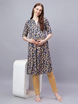 Mamma's Maternity - Blue Rayon A-Line Floral Maternity Kurti