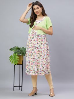 Mamma's Maternity - Green Rayon A-Line Printed Maternity Kurti