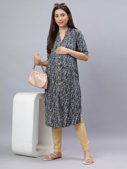 Mamma's Maternity - Grey Rayon A-Line Floral Maternity Kurti