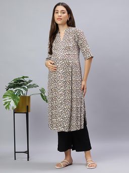 Mamma's Maternity - Purple Rayon A-Line Floral Maternity Kurti