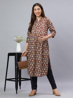 Mamma's Maternity - Maroon Cotton A-Line Geometric Maternity Kurti