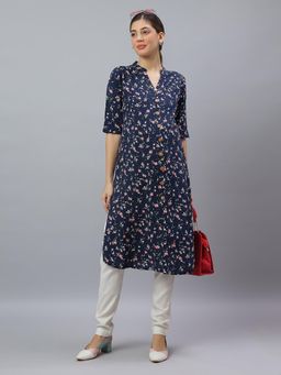 Mamma's Maternity - Navy Blue Rayon A-Line Floral Maternity Kurti