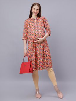 Mamma's Maternity - Orange Rayon A-Line Floral Maternity Kurti