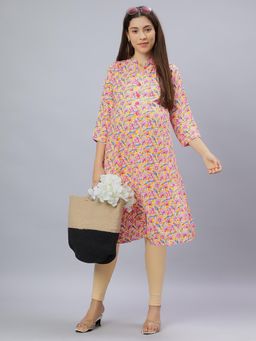 Mamma's Maternity - Orange Rayon A-Line Floral Maternity Kurti