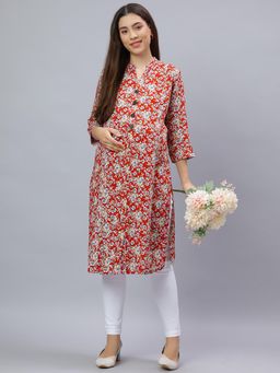 Mamma's Maternity - Red Rayon A-Line Floral Maternity Kurti