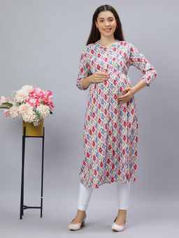 Mamma's Maternity - White Rayon A-Line Geometric Maternity Kurti
