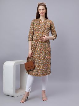 Mamma's Maternity - Yellow Cotton A-Line Geometric Maternity Kurti
