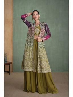 SamaayaJaipur - Olive Embroidered Georgette Blouse with Palazzo and Jacket (Set of 3)