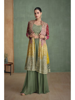 SamaayaJaipur - Dusty Green Embroidered Blouse with Palazzo and Jacket (Set of 3)