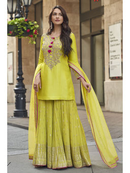 SamaayaJaipur - Yellow Silk Embroidery & Sequins Work Kurta with Sharara and Dupatta (Set of 3)