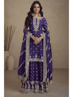 SamaayaJaipur - Purple Embroidery Designer Sharara with Kurta and Dupatta (Set of 3)