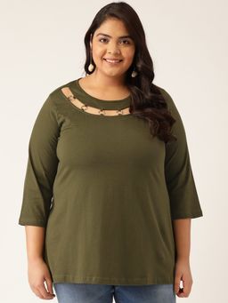 theRebelinme - Plus Size Women Olive Green Solid Color Rings Detail Cotton Top