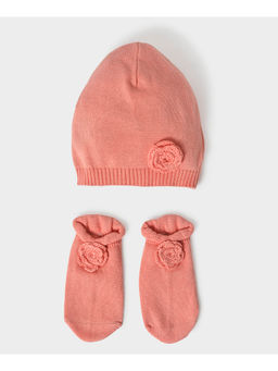 Mi Arcus - Peach Knitted Caps And Socks For Kids (Set of 2)