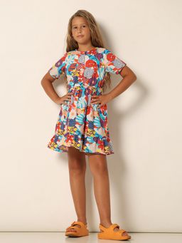 VERO MODA - Girls Floral Print Above Knee Length Multi-Color Fit & Flare Dress