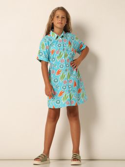 VERO MODA - Girls Printed Above Knee Length Blue Shirt Dress