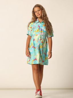 VERO MODA - Girls Graphic Print Above Knee Length Blue Shirt Dress