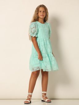 VERO MODA - Girls Embroidery Above Knee Length Green Fit & Flare Dress