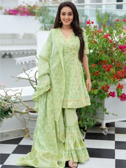 Lavanya The Label - Green Cotton Printed Peplum And Sharara (Set of 3)