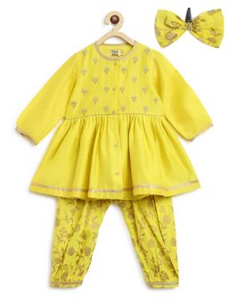 TIBER TABER - Girls Combo Angrakha and Bow Hairclip Gold Print - Yellow (Set of 3)