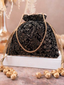 AMYRA - Thea Velvet Embroidered Potli Black