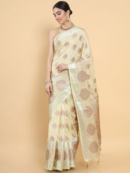 Mimosa - Women Traditional Kasavu Art Silk Beige Saree with Unstitched Blouse