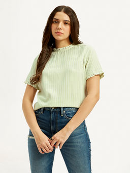 Levi's - Women Striped Light Green Round Neck Top