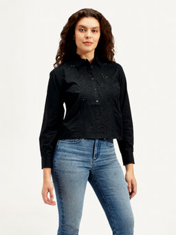Levi's - Women Full Sleeves Self Design Spread Collar Shirt Black
