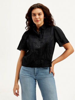 Levi's - Women Half Sleeves Self Design Spread Collar Shirt Black