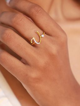 Pipa Bella by Nykaa Fashion - Gold Plated 925 Sterling Silver Stone Studded Initial V Ring